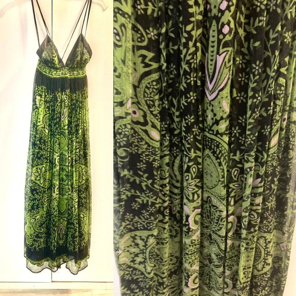 XS Bebe Green & Black Sheer, Lined Maxi Dress - Picture 3 of 15